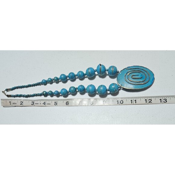 Retro Handcrafted Blue Chunky Beaded Necklace Spiral Pendant Statement Jewelry - Picture 6 of 7